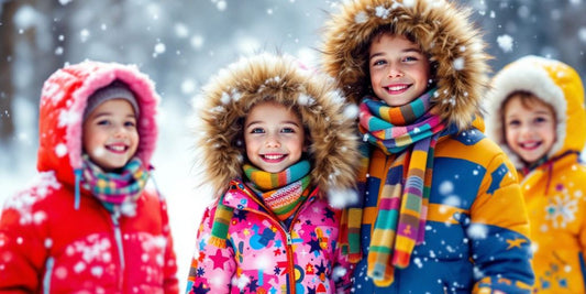 Kids in colorful winter jackets playing in the snow.