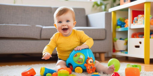 happy 1 year old boy playing with safe and fun toys in a bright and colorful room