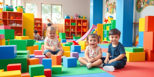 Children playing joyfully with colorful blocks in a center.