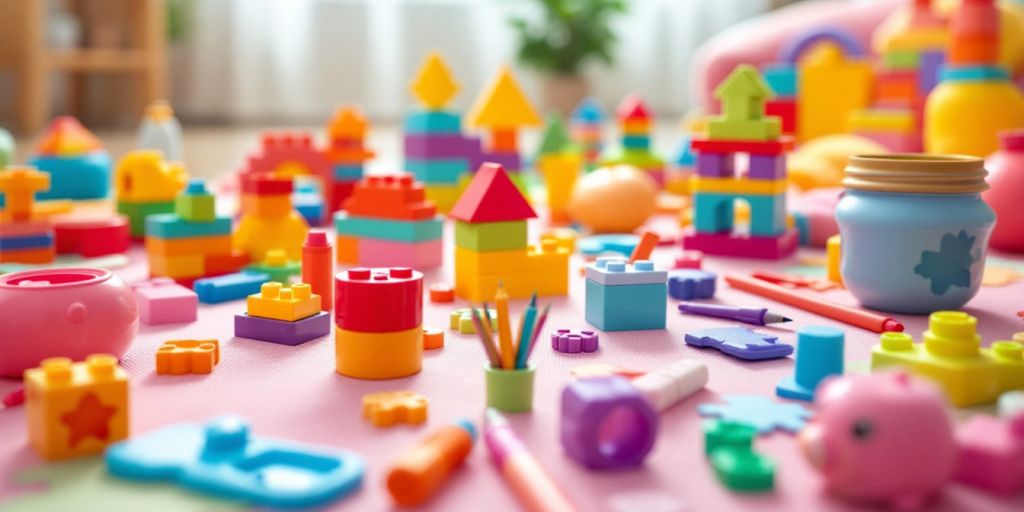 Colorful educational toys on a bright play mat.