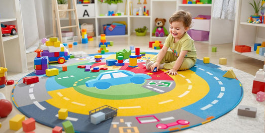 Child playing on a colorful car rug in a play area.