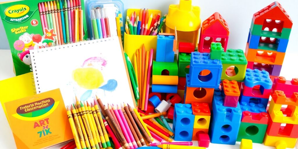 Colorful toys and art supplies for a young girl.