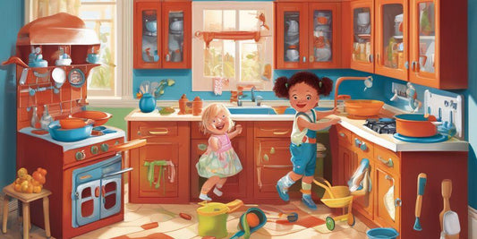 children playing with toy kitchen set