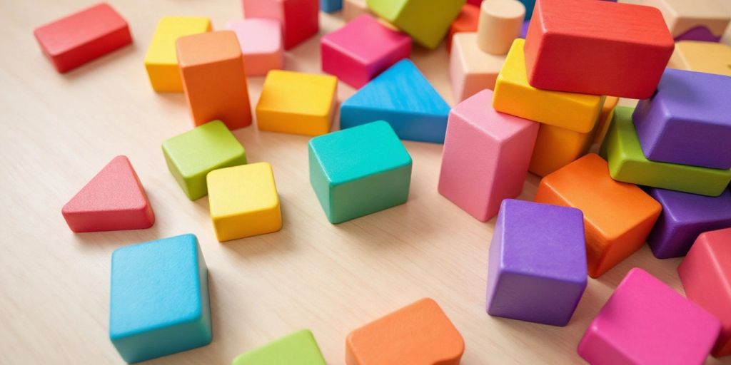 Colorful wooden toy blocks arranged on a light surface.