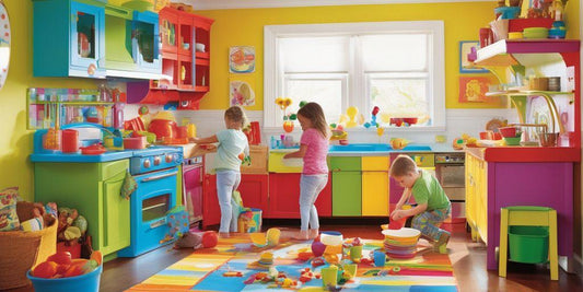 children playing with kitchen sets in a bright, colorful playroom