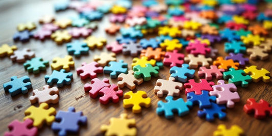 Colorful puzzle pieces on a wooden table.