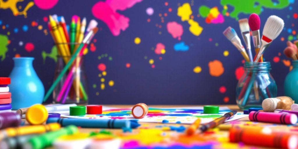 Colorful toddler art supplies on a bright table.