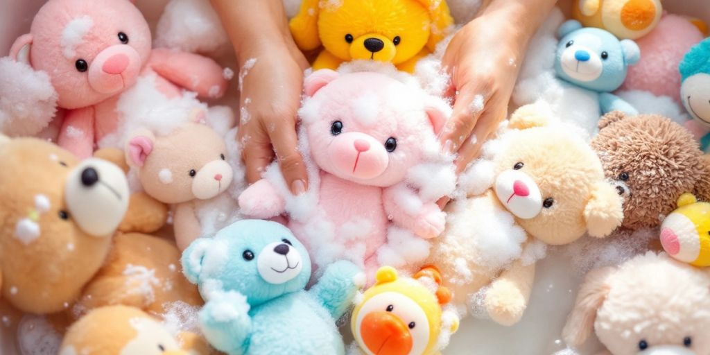 Stuffed animals being washed in soapy water.