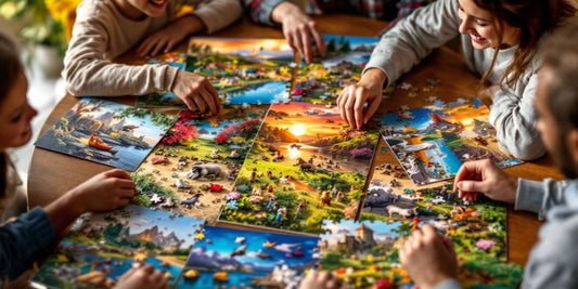 Family enjoying time together assembling a 1000 piece puzzle.