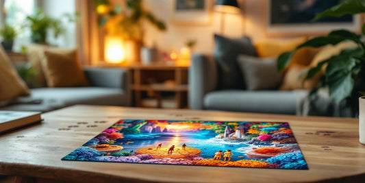 Colorful 1000-piece puzzle on a wooden table.