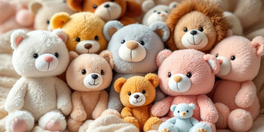 Cute stuffed animals on a soft blanket, playful arrangement.