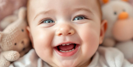 Smiling baby with visible gums during teething phase.