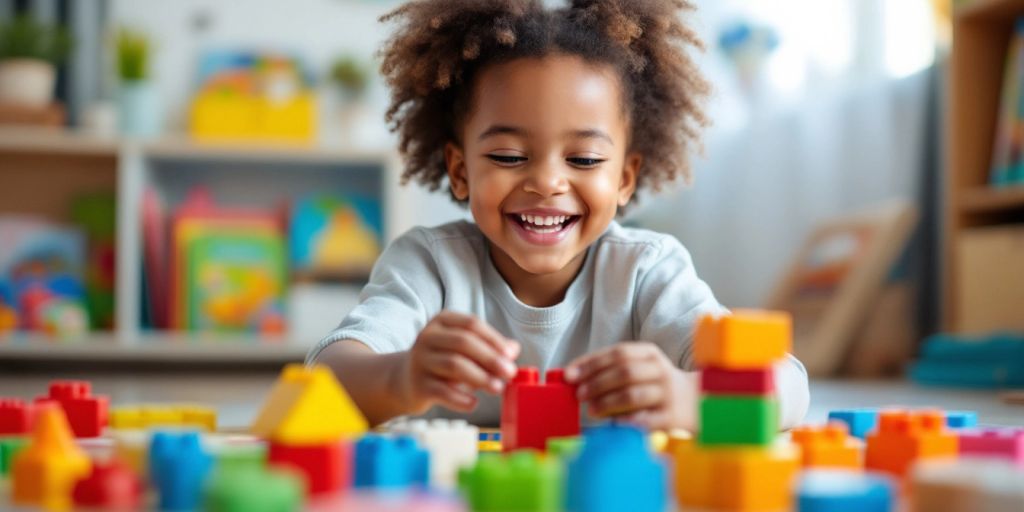 Four-year-old playing with building blocks and educational toys.