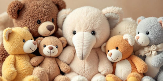 Colorful baby stuffed animals in a cozy setting.