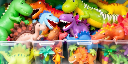 Large dinosaur toys stored in clear bins on a shelf.