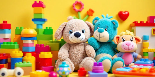 Colorful toddler toys arranged on a bright background.