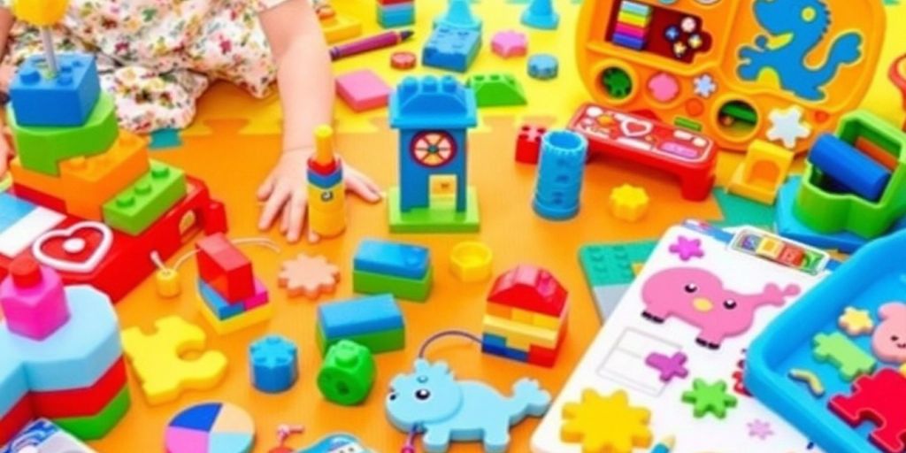 Colorful educational toys for 4-year-olds on a play mat.