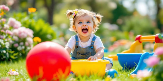 Toddler playing with colorful outdoor toys in a park.