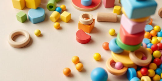 Colorful Montessori toys on a neutral background.