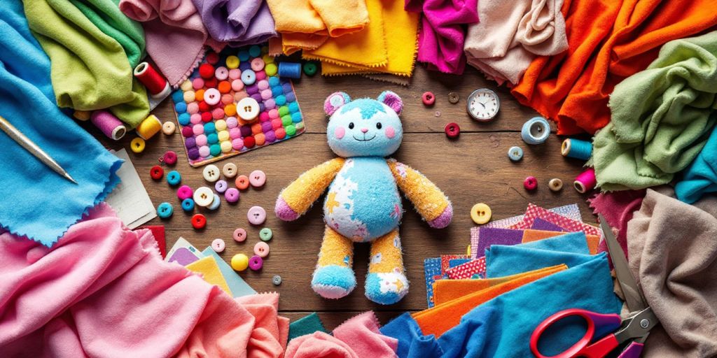 Colorful fabrics and tools for making plush toys.