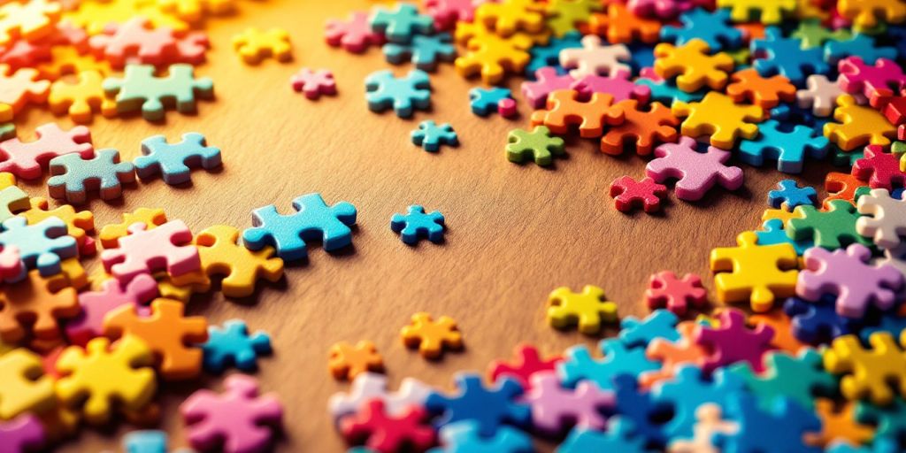 Colorful jigsaw puzzle pieces on a wooden table.