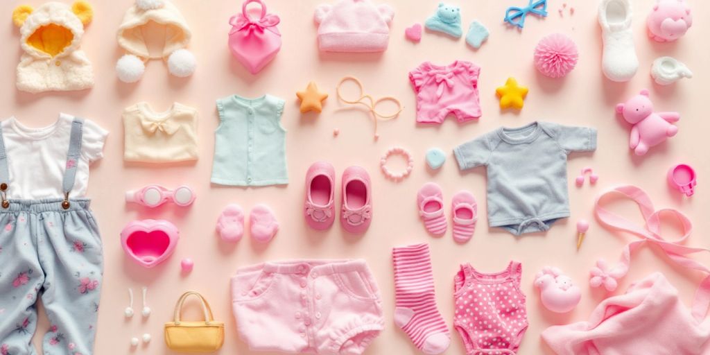 Colorful baby doll accessories on a pastel background.