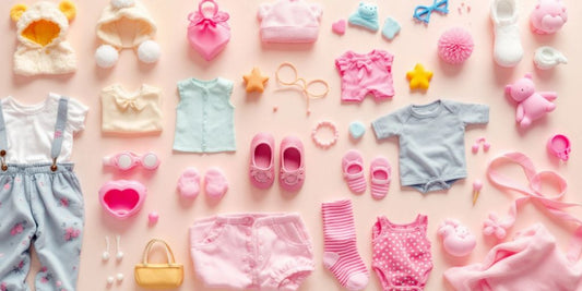 Colorful baby doll accessories on a pastel background.