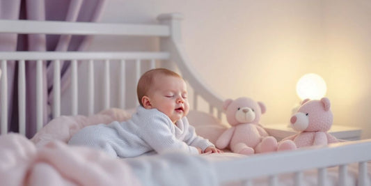 Cozy nursery with a glowing night light beside a crib.