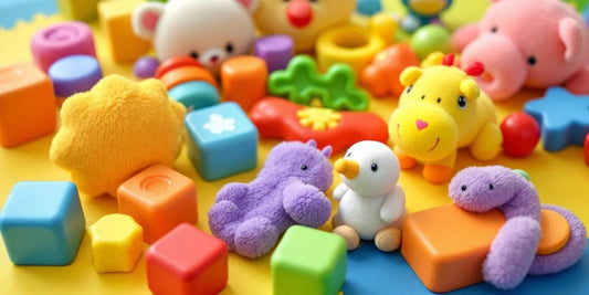 Colorful developmental toys for infants on a play mat.