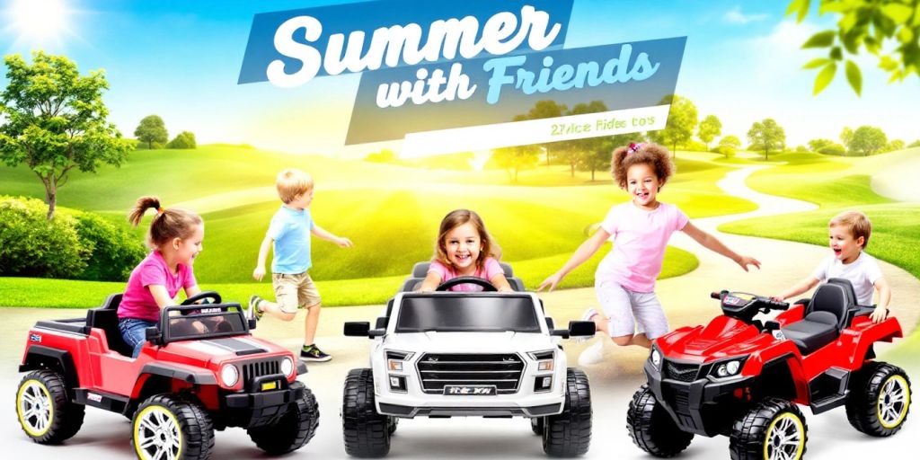 Colorful 12v ride-on toys with children playing outside.