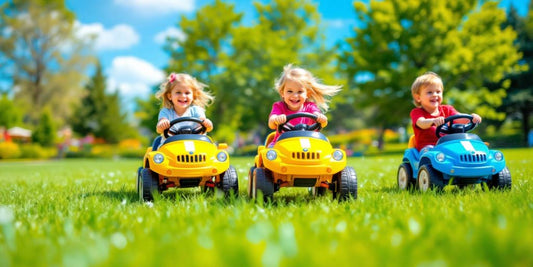 Children riding colorful ride-on car toys in a park.