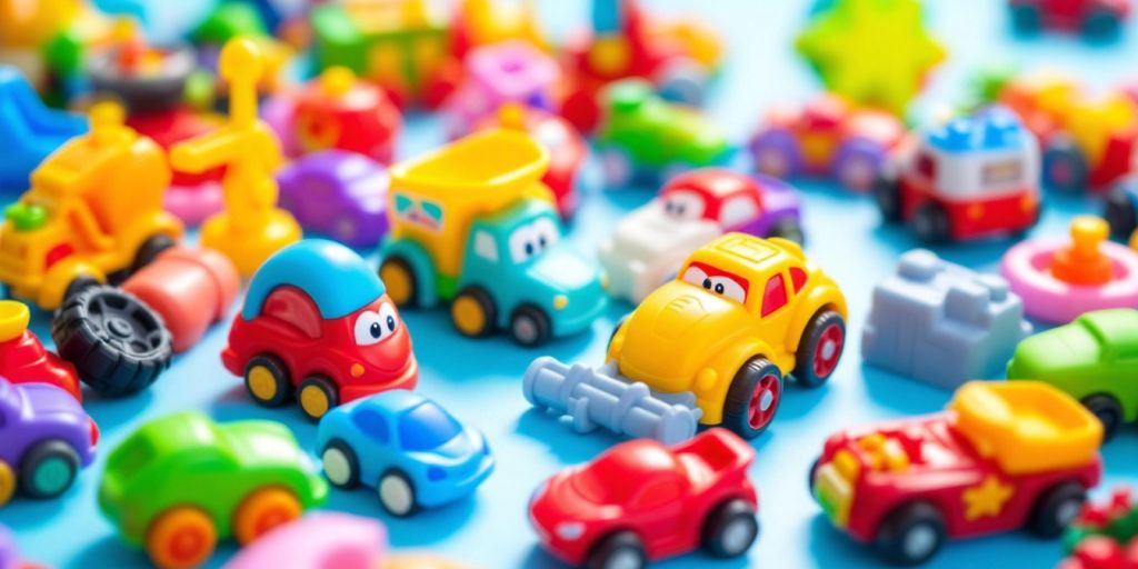 Colorful kids car toys arranged on a bright surface.