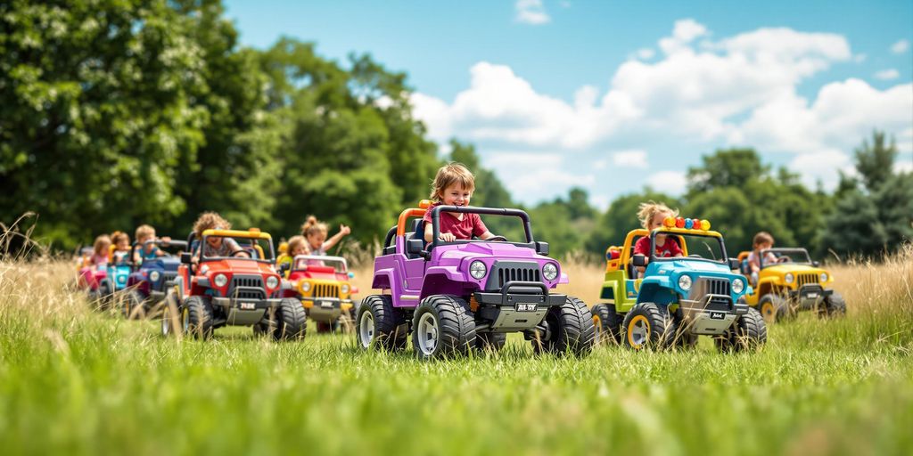 Kids driving colorful ride-on trucks in a sunny field.