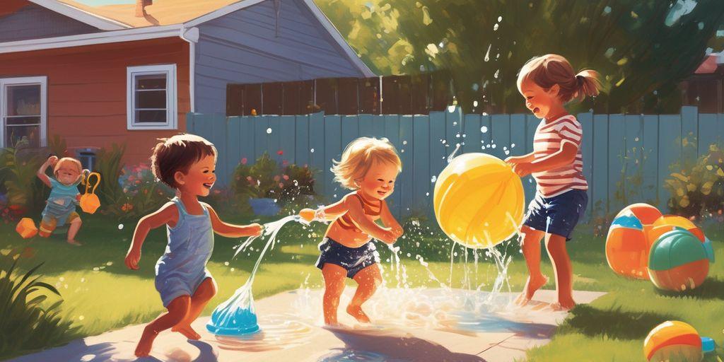 children playing with water toys in a sunny backyard