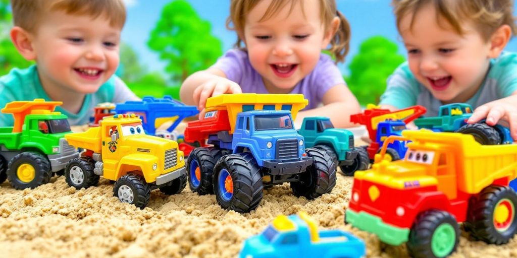 Colorful toy trucks in a playful outdoor setting.