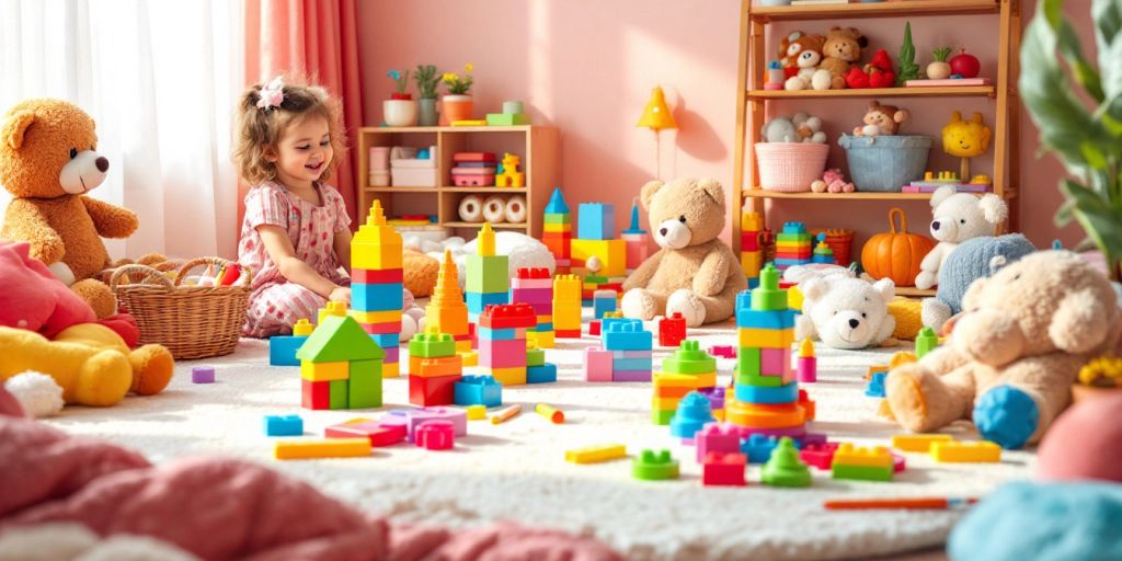 Colorful toddler toys in a bright playroom setting.