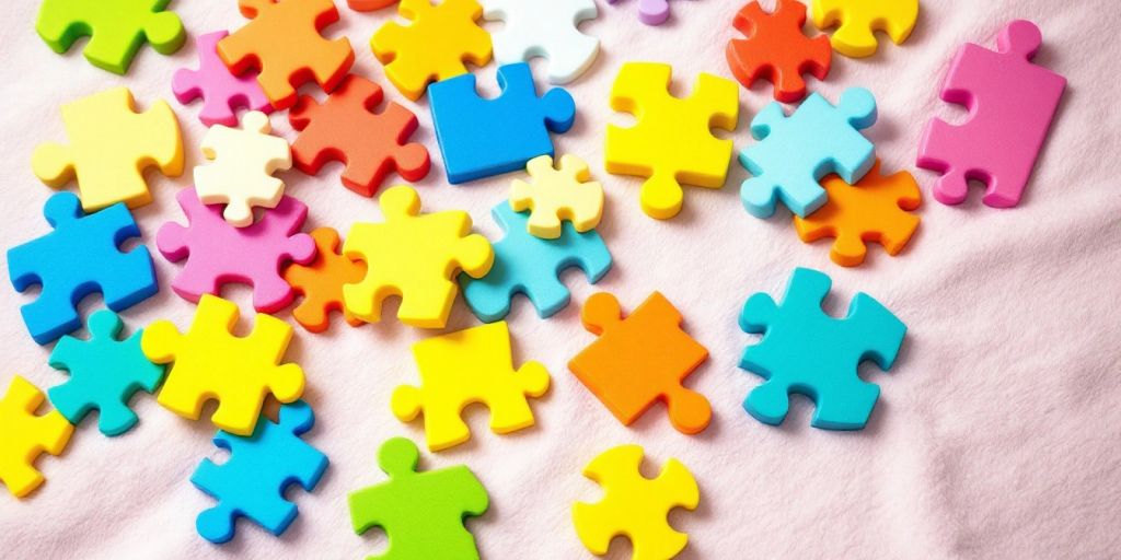 Colorful large puzzle pieces for toddlers on a soft surface.