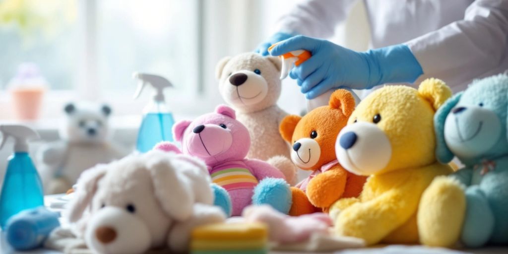 Plush toys and cleaning supplies on a table.