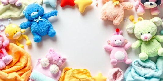 Colorful baby gifts including toys and blankets.