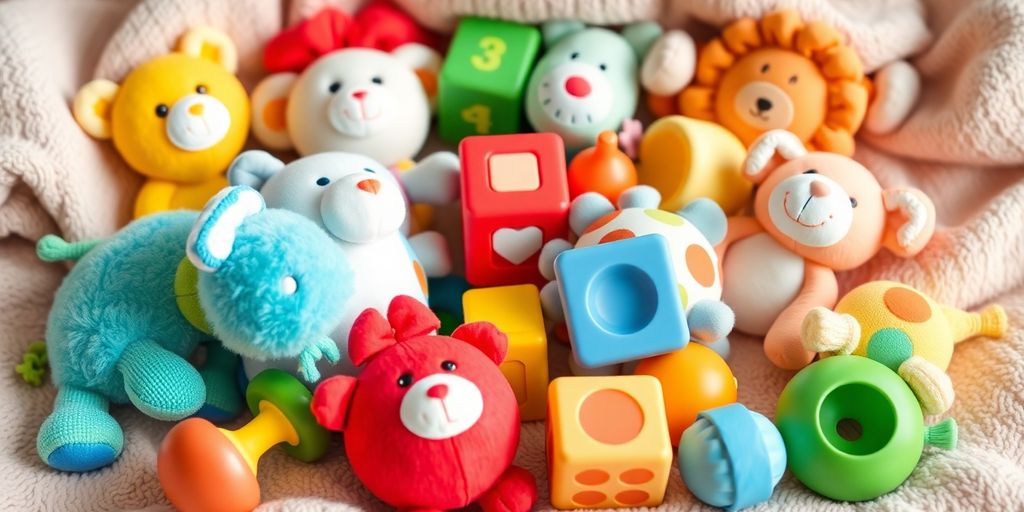 Colorful toys for newborns and toddlers on a blanket.