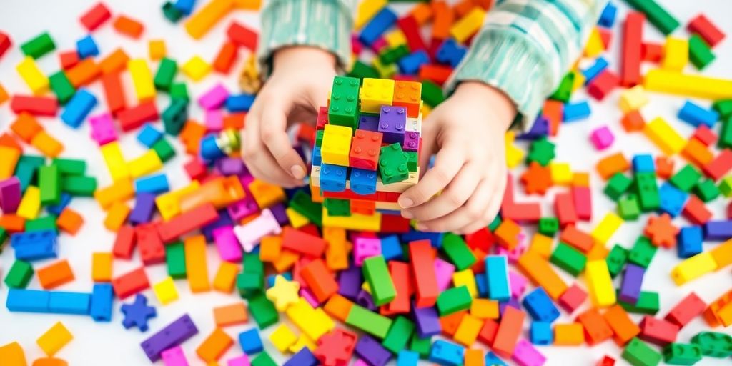 Colorful building blocks and children's hands constructing a design.