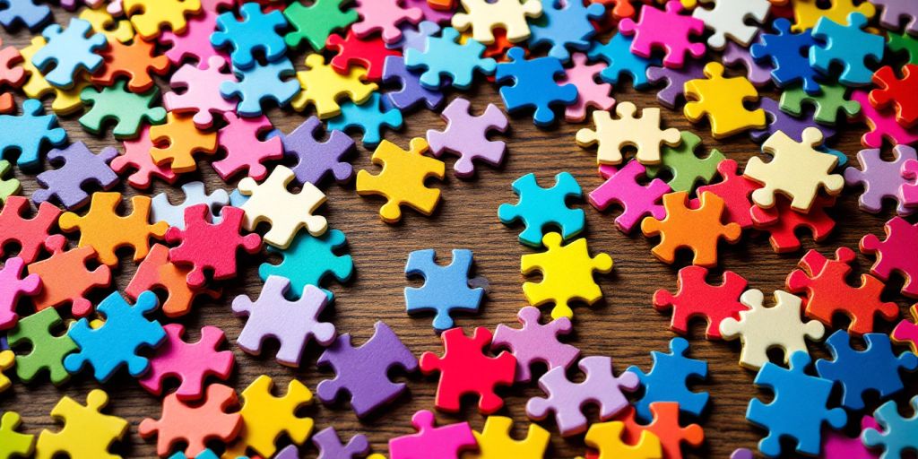 Colorful jigsaw puzzle pieces on a wooden table.