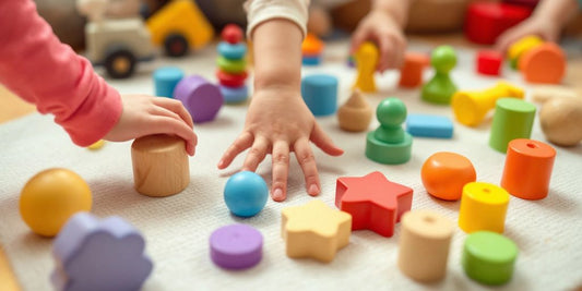 Colorful wooden toys on a soft play mat.