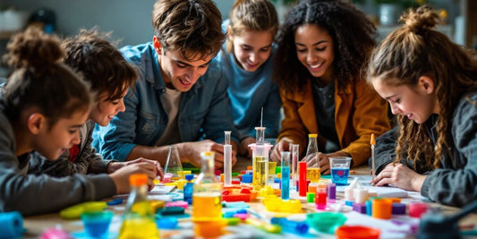 Teenagers exploring a colorful science kit together.