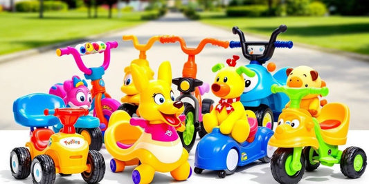 Colorful ride-on toys for active toddlers in a park.