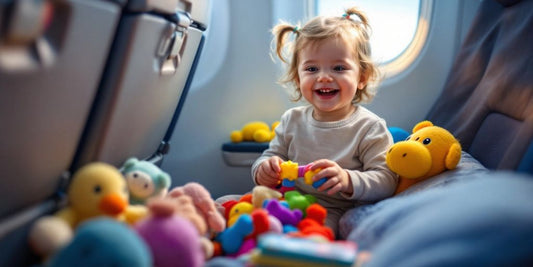 Toddler playing with toys on an airplane seat.