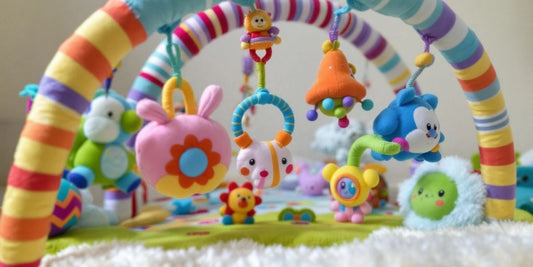 Colorful baby play gym with hanging soft toys.