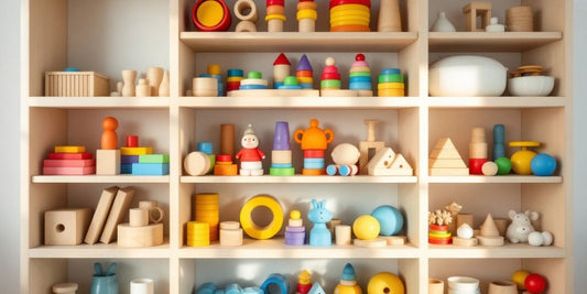 Colorful Montessori toys neatly organized on a shelf.