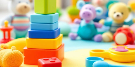 Colorful toddler toys on a soft play mat.