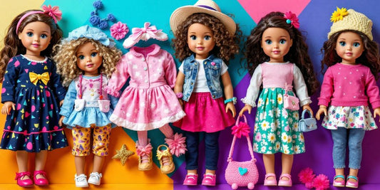 Colorful doll outfits for various occasions on display.